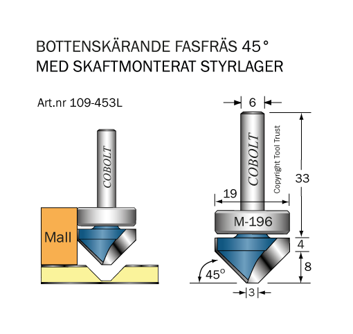 Mallfräs 45° D1=19 D2=3 L=8 S=6