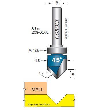 V-SPÅRFRÄS MED STYRLAGER COBOLT  D=16, L=8