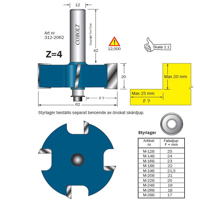 FALSFRÄS COBOLT Z=4, L=20, D=62, S=12 mm